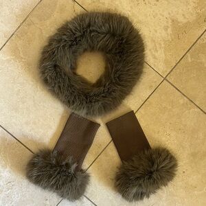 Faux Fur Scarf and Cuffs Set - Olive Green